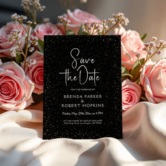 Invitation Paillettes noires et or Script noir sur fond blanc