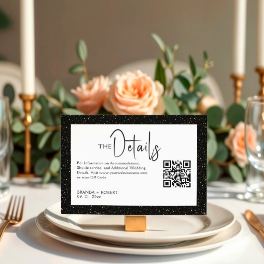 Invitation Paillettes noires et or Script noir sur fond blanc