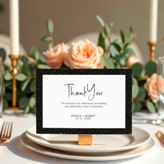 Invitation Paillettes noires et or Script noir sur fond blanc