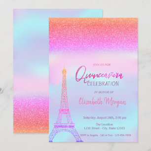 Invitation Paillettes Ombre,Tour Eiffel holographique Quincea