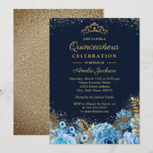 Invitation Paillettes Or Bleu Floral Quinceanera 15ème