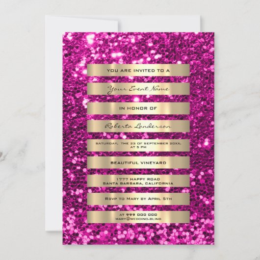 Invitation Paillettes Or Rayures Champagne Blush Rose Fuchsia (Devant)
