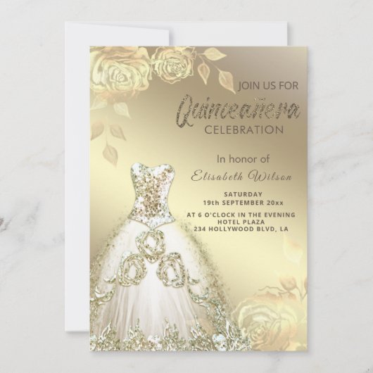 Invitation Paillettes or rose tendance robe Quinceañera (Devant)