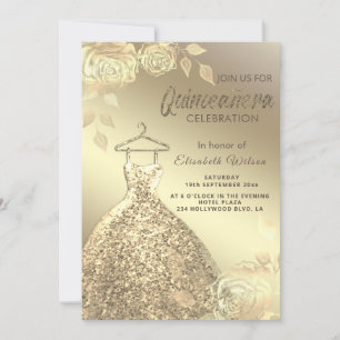Invitation Paillettes or rose tendance robe Quinceañera