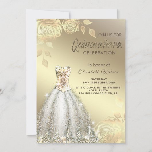 Invitation Paillettes or rose tendance robe Quinceañera (Devant)