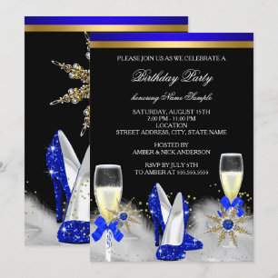 Invitation Paillettes Or Talons Bleu Royal Noir Champagne