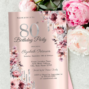 Invitation Paillettes qui coulent Rose Gold Rose Floral 80ème