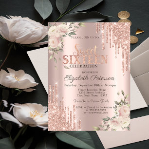 Invitation Paillettes qui dégoulinent Fleur Rose Or Fleur Dou