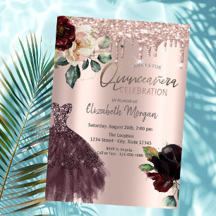 Invitation Paillettes qui dégoulinent, Robe bordeaux, Roses