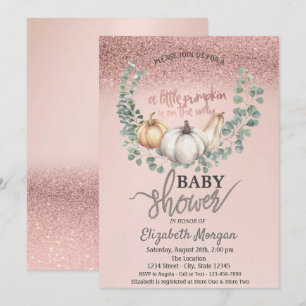 Invitation Paillettes Rose Gold Bokeh, Feuilles Citrouille Ba