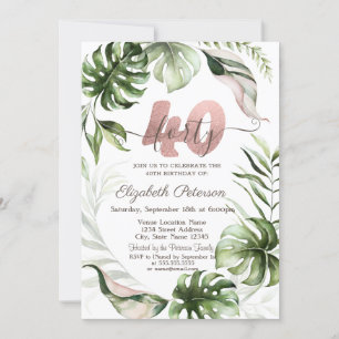 Invitation Paillettes Rose Gold Gouttes Feuilles 40e Annivers