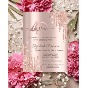 Invitation Paillettes Rose Gold Gouttes Rose Gold 40e Anniver