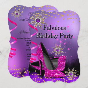 Invitation Paillettes Rose Violet Talon Anniversaire Perle