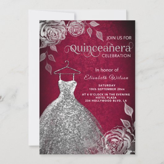 Invitation Paillettes roses en argent tendance robe Quinceañe (Devant)