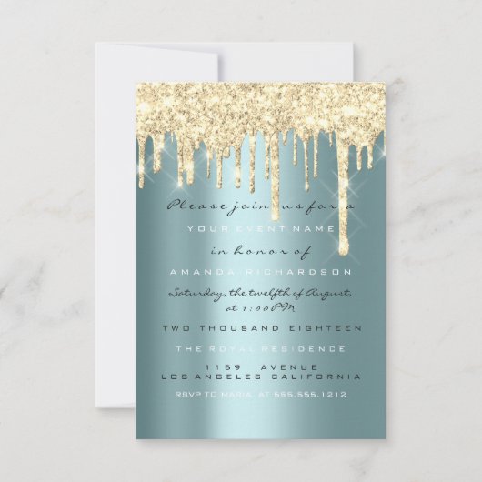 Invitation Paillettes scintillantes or sarcelle mariage douce (Devant)