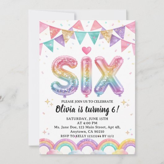 Invitation Paillettes SIX Anniversaire Arc-en-ciel pour Fille (Devant)