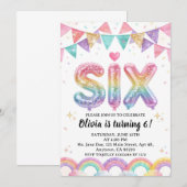 Invitation Paillettes SIX Anniversaire Arc-en-ciel pour Fille (Devant / Derrière)