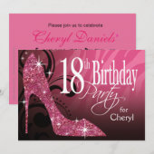 Invitation Paillettes Stiletto Zèbre 18ème Anniversaire rose (Devant / Derrière)