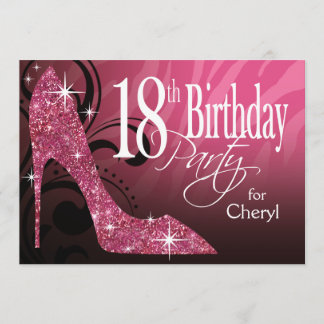 Invitation Paillettes Stiletto Zèbre 18ème Anniversaire rose