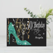 Invitation Paillettes Talon Champagne 50e Anniversaire Bleu s (Debout devant)