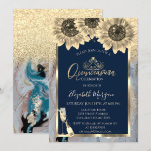 Invitation Paillettes,Tournesols,Couronne de verre Marbre Qui