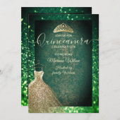 Invitation Paillettes Vert chic Or robe tiara Quinceañera I (Devant / Derrière)