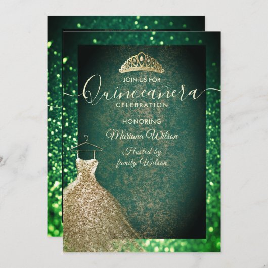Invitation Paillettes Vert chic Or robe tiara Quinceañera I (Devant / Derrière)