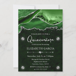 Invitation Paillettes Vertes et Argentées Quinceañera Agate