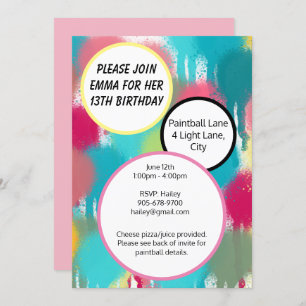 Invitation Painball rose, bleu et vert Anniversaire