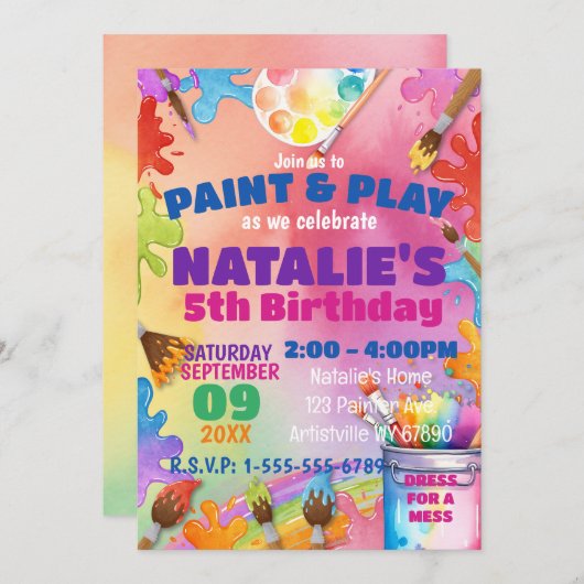 Invitation Paint and Play Kids Art Party Anniversaire Invitat (Devant / Derrière)