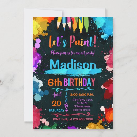 Invitation Paint Art Anniversaire Fête Noir (Devant)