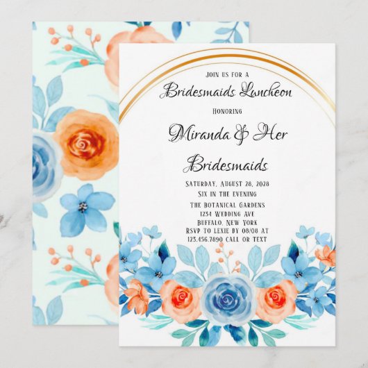 Invitation Paint Printemps Bleu Orange Floral Bridesservantes (Devant / Derrière)
