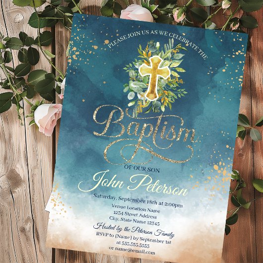 Invitation Paint Splash Floral Cross Baptism