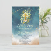Invitation Paint Splash Floral Cross Première communion saint (Debout devant)