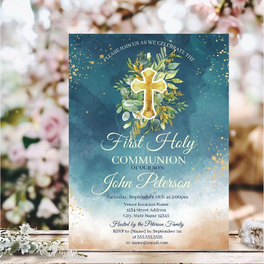 Invitation Paint Splash Floral Cross Première communion saint