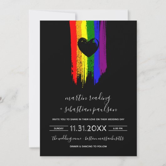 Invitation Paint Strokes Pride Drapeau & Black Heart Mariage (Devant)