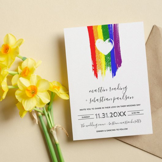 Invitation Paint Strokes Pride Drapeau et Mariage de coeur bl