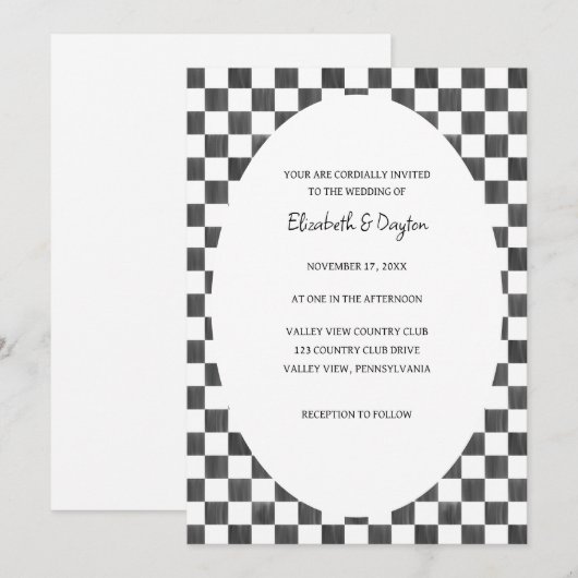 Invitation Painted Black and White Check Pattern Wedding (Devant / Derrière)