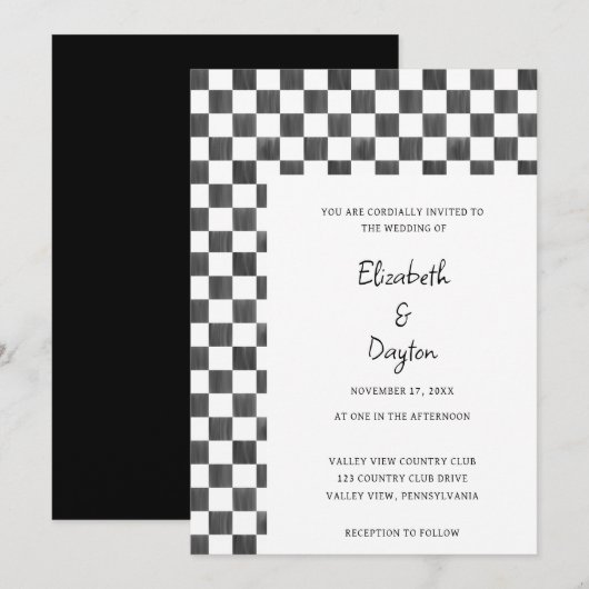 Invitation Painted Black and White Check Pattern Wedding (Devant / Derrière)