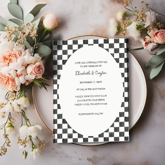Invitation Painted Black and White Check Pattern Wedding