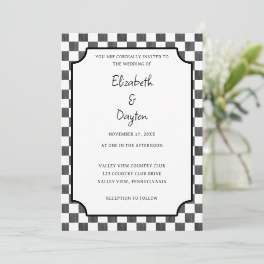 Invitation Painted Black Checkerboard Pattern Wedding (Debout devant)
