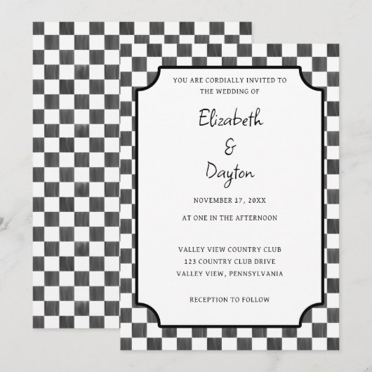 Invitation Painted Black Checkerboard Pattern Wedding (Devant / Derrière)