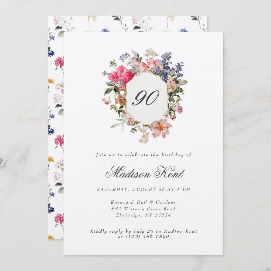Invitation Painted Floral Crest 90e anniversaire (Devant / Derrière)
