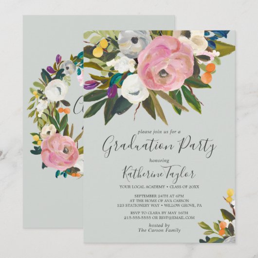 Invitation Painted Floral Graduation Party (Devant / Derrière)
