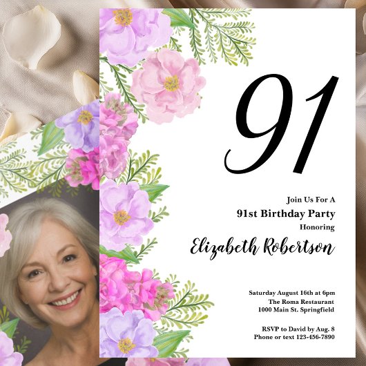 Invitation Painted Flower Custom Photo Template 91st Birthday
