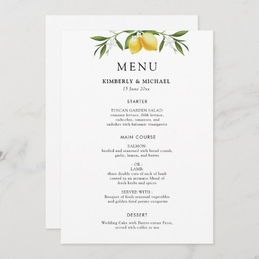 Invitation Painted lemons greenery foliage wedding menu (Devant / Derrière)