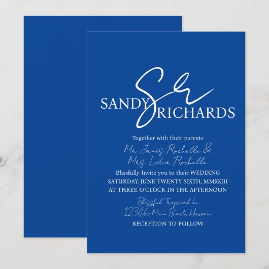 Invitation Paire de monogrammes bleu blanc écriture mariage (Devant / Derrière)