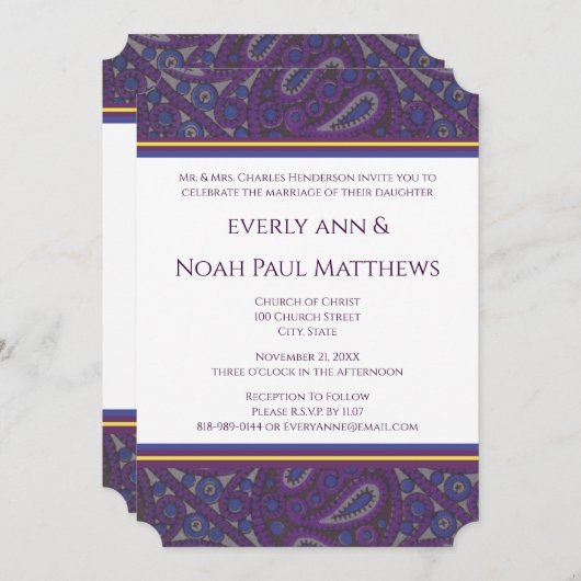 Invitation Paisley à prune violette (Devant / Derrière)
