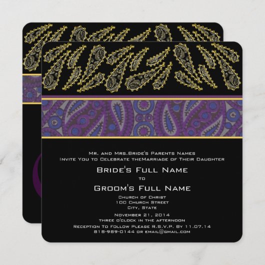 Invitation Paisley à prune violette (Devant / Derrière)