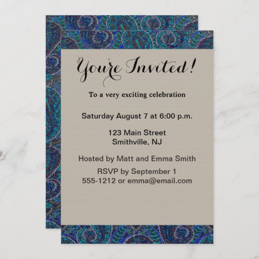 Invitation Paisley Blue Indian Boho Motif (Devant / Derrière)